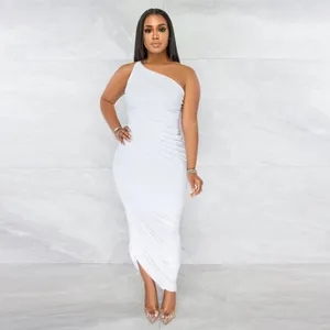 Full-length view of a model wearing a white one-shoulder ruched bodycon maxi dress.