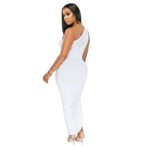 Close-up back view detail of elegant white one-shoulder ruched bodycon maxi dress