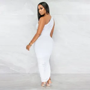 Rear view of a sexy white one-shoulder bodycon maxi dress with elegant ruched detailing