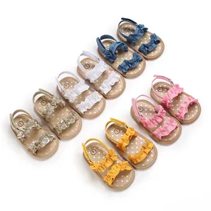 Schattige Baby Meisjes Zomer Sandalen Katoen Ruffles Stippen Antislip Rubberen Zool Leren Lopen Prinsessen Schoenen