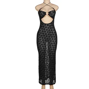 Elegantes schwarzes Halter-Bodycon-Kleid mit floralem Mesh und sexy Ausschnitten