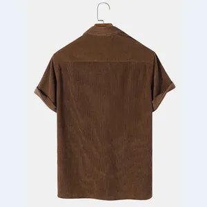 Back view of a men's casual brown corduroy short sleeve shirt on a hanger