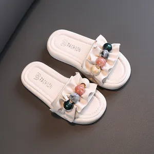Stylish girls' white ruffles slides with decorative beads and thick anti-slip sole