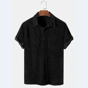 Men's casual relaxed corduroy short sleeve shirt with striped lapel and chest pocket