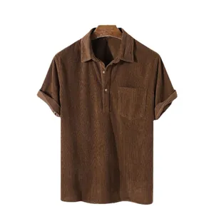 Casual men's short-sleeved corduroy shirt with lapel collar and single chest pocket