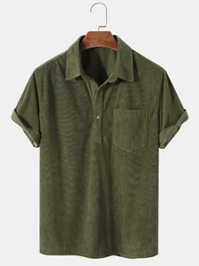 Close-up detail of olive green corduroy men's casual short sleeve polo shirt with pocket