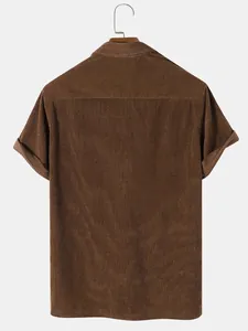 Back view detail of brown corduroy short sleeve shirt showing ribbed texture
