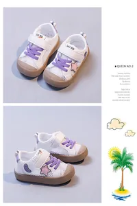 Detailed view of white mesh baby walking shoes with purple laces for girls