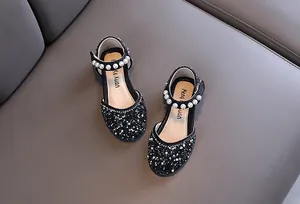 Chaussures de princesse noires élégantes pour filles avec strass et bride en perles