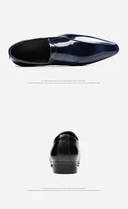 Detail view of blue burnished patent leather men's loafers showing top and heel angles