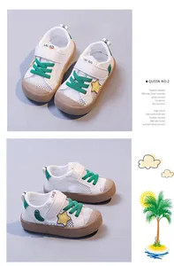 Detailed views of white mesh baby walking shoes with green laces and star patch.