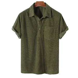 Men's casual olive green corduroy short sleeve polo shirt with chest pocket for summer