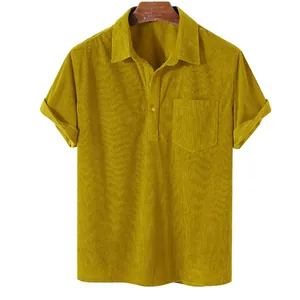 Men's casual loose fit corduroy polo shirt in mustard yellow with chest pocket