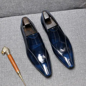 Men's Luxury Cowhide Leather Loafers Glossy Patina Business Dress Shoes Breathable Pointed Toe Slip-On Casual Formal Footwear
