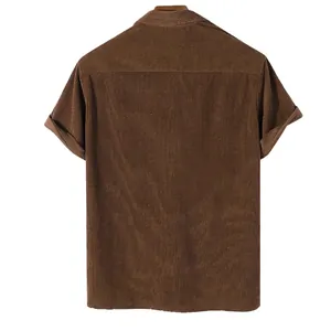 Back view of men's casual brown corduroy short-sleeve shirt in a loose fit style