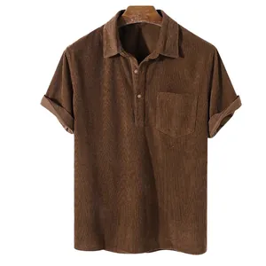 Classic men's casual brown corduroy short sleeve polo shirt featuring a chest pocket and lapel