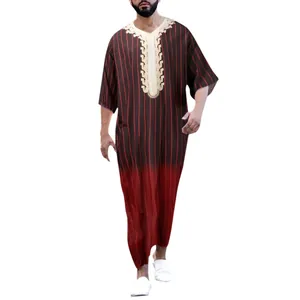 Traditional men's striped long robe with V-neck embroidery and red gradient detail