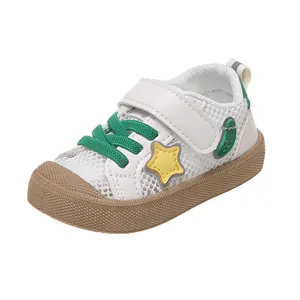 Breathable white baby toddler mesh sneakers with yellow star and green laces