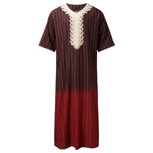 Front view of men's striped kaftan showing the intricate embroidery on the V-neckline.