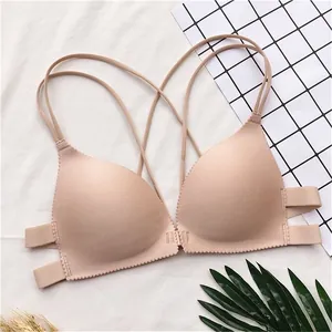 Reggiseno push-up senza ferretto color nudo con chiusura frontale e sottili spalline incrociate