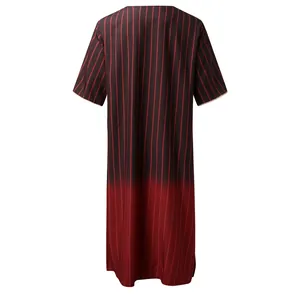 Back view of men's striped robe featuring a red and black gradient design detail