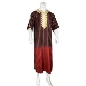 Close-up of men's traditional gradient robe featuring intricate gold V-neck embroidery