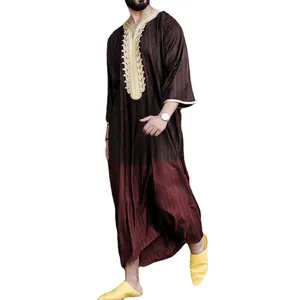 Traditional men's loose robe with gold V-neck embroidery and striped gradient pattern