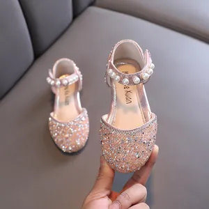 Chaussures de princesse roses pailletées pour filles avec bride en perles et strass