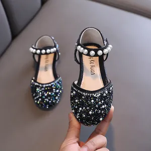 Chaussures de princesse noires pour filles avec perles élégantes et strass colorés