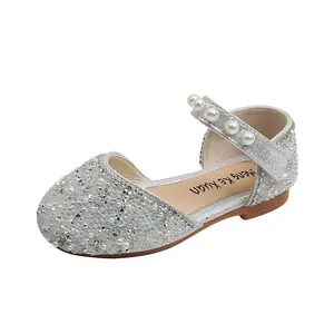 Chaussures de princesse argentées élégantes pour filles avec strass et bride de perles