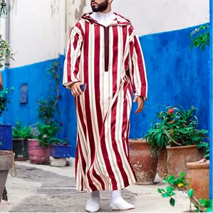 Men's Polyester Hooded Striped Robe Ethnic Patchwork Long Sleeve Thobe Casual Pullover Loose Hoodie Robe For Everyday