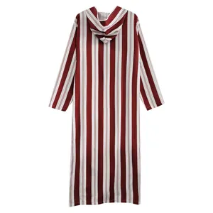 Detail view showing the back of a long hooded men's robe with red and white vertical stripes