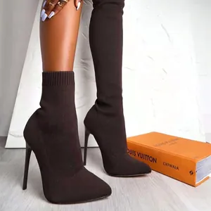 Stylish over-the-knee knit sock boots with pointed toe and elegant stiletto high heels
