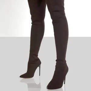 Women's elegant dark knit thigh-high sock boots with pointed toe and stiletto high heels