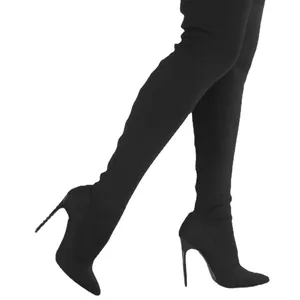 Elegant black thigh-high knitted sock boots with pointed toe and stiletto heels