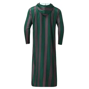 Back view of a men's hooded long robe with green and grey vertical stripes.