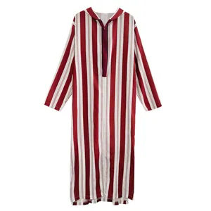 Men's hooded long robe with red and white vertical stripes and front zipper