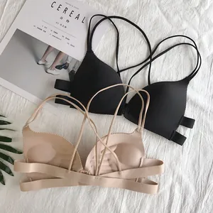 Reggiseno senza ferretto da donna con chiusura frontale nero e beige con spalline sottili