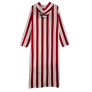 Full-length men's long-sleeved hooded kaftan robe with red and white vertical stripes