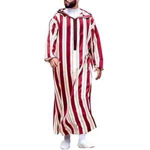 Classic men's striped hooded thobe robe with elegant red and white vertical patterns