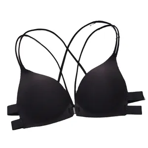 Reggiseno push-up nero senza ferretto con chiusura anteriore e sottili spalline incrociate