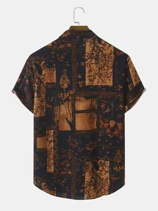 Detailed back view of a men's vintage short-sleeved shirt featuring abstract floral prints