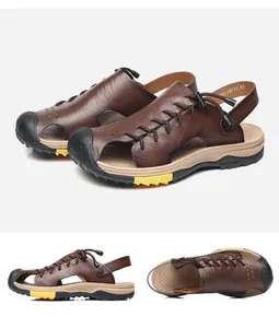 Multi-angle views showing details of men's brown leather outdoor beach sandals for summer