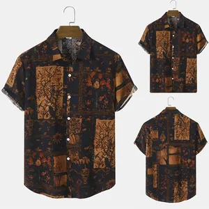 Men Vintage Floral Short Sleeve Shirt Chinese Style Ethnic Print Cotton Button Up Casual Summer Beach Top Brown