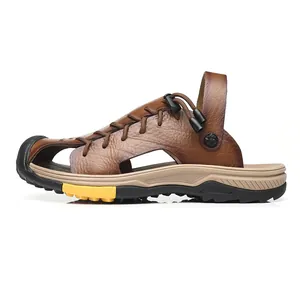 Durable men's outdoor brown leather sandals with closed-toe design and non-slip rubber sole