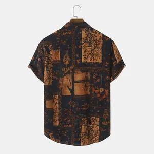Men's vintage short-sleeve shirt with navy and brown ethnic floral pattern