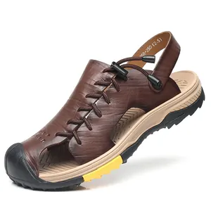 Durable brown men's closed-toe beach sandals with adjustable laces and thick sole