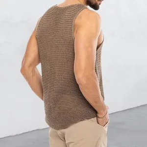 Back view of a men's brown sleeveless knitted tank top with textured stitch details