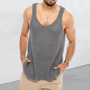 Close-up detail of a men's loose-fit grey knitted sleeveless tank top for summer wear