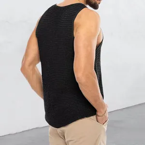 Detailed back view of a men's black knit sleeveless tank top with ribbed texture.